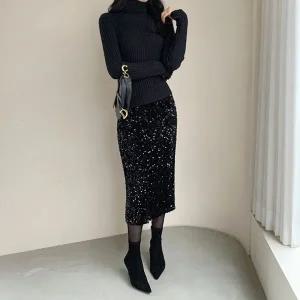 [미나그램] (롱) 링클 스팽글 밴딩스커트