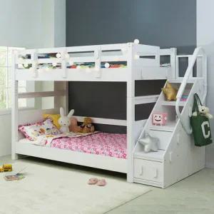 [무료배송] 하이디 슈퍼싱글 원목이층침대 계단측면형 메모리폼매트포함 하부서랍제외