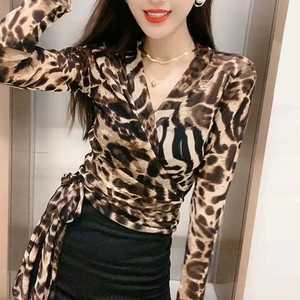 V넥 호피 라틴 댄스복 상의 여자 여성 라인 댄스 폴댄스