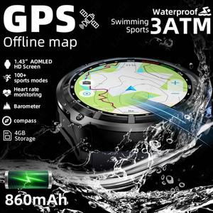 LIGE 아웃도어 스마트워치 남성용 오프라인 지도 3ATM 방수 1.43인치 AMOLED 피트니스 트래커 4GB 메모리 8