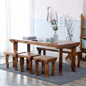 해찬솔 통원목 비담 6인용 식탁세트D1800 (긴의자+스툴의자3개)/통원목다리/벤치.스툴포함/원목식탁