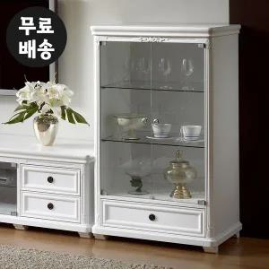 [벤티스가구]엔틱 화이트 유리 장식장 원목 진열장 양주 술 위스키 수납장 낮은 인테리어 가구 3단