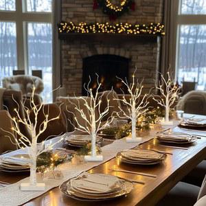 파비파비 조명 자작나무, 24개의 LED 조명이 있는 크리스마스 트리, 홈 오피스 침실 결혼식을 위한 타이머가 테이블탑 중앙 조각 인조 트리 - 4종 세트