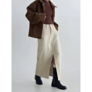 (신상,무료배송)크로 코듀로이 브러쉬 포인트 트임 롱 스커트 3color