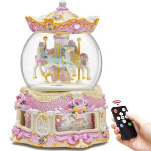 크리스마스, 생일, 가족, 친구들을 위한 홈 데코 홀리데이 장식을 매혹적인 10인치 캐러셀 스노우 글로브 뮤직 박스, 회전 조명 원격 뮤지컬, 64곡의 클래식 멜로디 재생