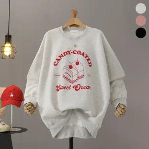 [모노시크] 베이그 기모 케이크 프린팅 박스 맨투맨_MNTG437