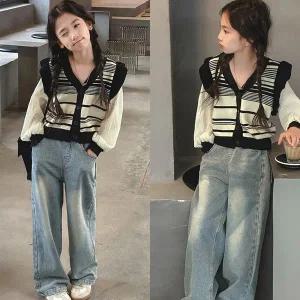 [삐삐네옷가게] 여아 초등학생 주니어 블랙라인 블라우스  봄가을 와이드 데님세트