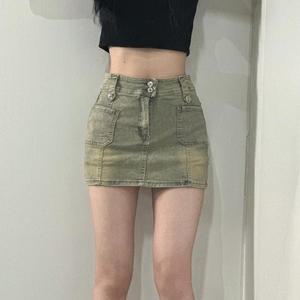 여자 여성 미니 투버튼 청치마 하이웨스트 Y2K 데님 워싱 빈티지 [속바지 카고 치마바