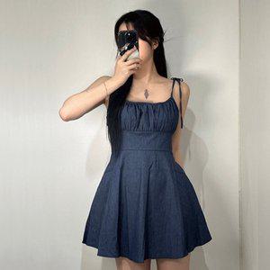 [갓샵]여성 데님 청 셔링 플레어 끈 나시 미니 원피스 [3color 레이어드 리본 끈나시 A라인 휴가 룩]