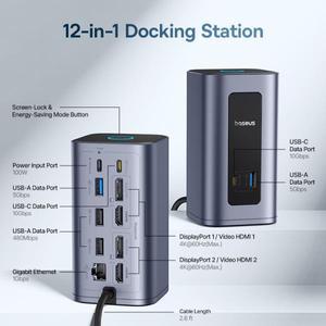 베이스어스 USB C 허브 맥용 12 in 1 디스플레이포트 HDMI 4K60Hz MST 맥OS 윈도우 도킹 스테이션 3.2 RJ45