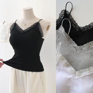 [데일리앤] 퓨앤 캡내장 나시 일체형 브라탑 여자 레이스 브이넥 이너 끈나시 골지 스판 탱크탑