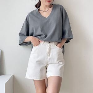 [다잇템] 여자 반소매 민무늬 박시핏 큰사이즈 코튼 딥브이넥 티셔츠