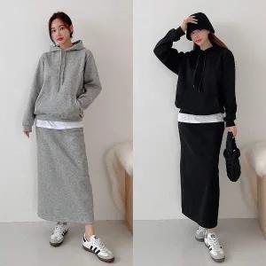여성 레이어드 면 후드티 롱 스커트 트레이닝 세트 -WSST0042- 봄 가을