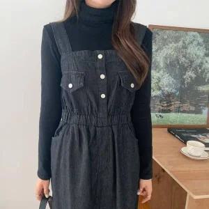 [하프클럽/]밴딩 뷔스티에 원피스 멜빵 포켓 쉬폰 흑청 셔