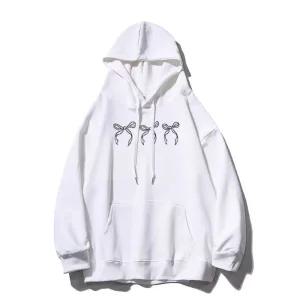 패션 캐주얼 넉넉한 잘 어울리는 남녀공용 드롭숄더 리본 프린트 후드티