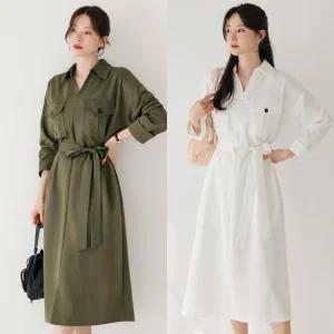 [시크라인] (~XXL까지) 데딘 오픈 카라넥 벨트 플레어 원피스 봄 가을 하객룩 오피스룩 데이트 모임 미시 빅사이즈