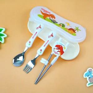 [키친유]티라노 스텐 304 스푼 포크 1단계 교정 젓가락 수저케이스 세트 국내생산 공룡 유아 수저세트