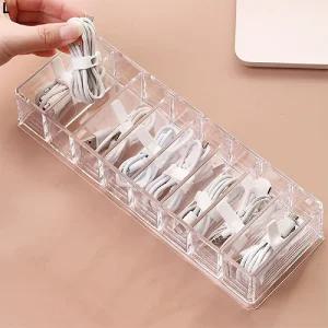 충전 케이블 정리 케이스(8구) 2개/투명/칸막이/깔끔/수납/USB/이어폰/어댑터/전선/덮개/보호/보관/박스