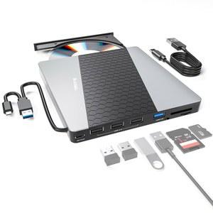 SUIDEK 외장 CD DVD 드라이브, USB 3.0 USB C 휴대용 CD DVD +/-RW 버너 DVD 플레이어(SD/Micro SD 카드 리더 8 포함), 노트북 Mac PC Windows Linux와 호환되는 1 허브 노트북용