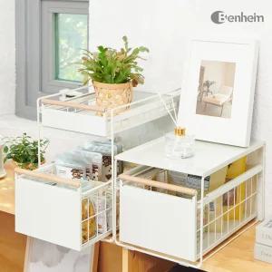 슬라이딩 선반 1단 철재 주방 싱크대 양념장 양념통정리 수납 바스켓 우드 손잡이