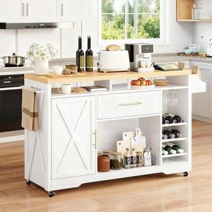 전원 콘센트가 있는 대형 주방 아일랜드, 와인 랙이 롤링 키친 카트, 스파이스 랙 유리 홀더가 이동식 저장 거실용 바퀴 달린 아일랜드 테이블, 폭 50인치, 흰색