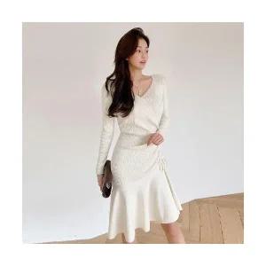 EAMT 여자 쉬폰 원피스 머메이드 니트 스트링 프릴 봄가을 스커트 스판 셔링 브이넥 EUNG1