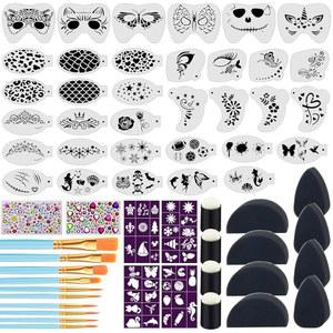 34+28개 페이스 페인팅 스텐실 키트, 수보이카 34개 플라스틱 재사용 가능한 바디 파티용 할로윈 메이크업 브러시, 스펀지, 스티커, 다이아몬드 포함