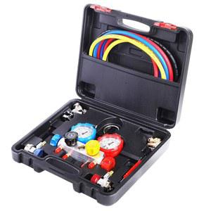 JIFETOR 4방향 AC 매니폴드 게이지 세트, 자동차 가정용 HVAC 진단 냉매 충전 도구 R404A R134A R410A, 5FT 호스, 조절 가능한 퀵 커플러, 캔 탭, 탱크 어댑터 포함