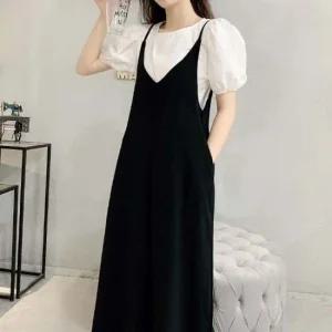 여성 2컬러 끈나시 점프수트 데일리 멜빵 통치마바지