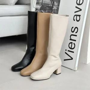 여성 골드 포인트 가죽 롱부츠 미들힐 3color