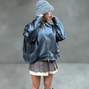 남녀 공용 오버사이즈 카라넥 투웨이 집업 심플 가죽 재킷