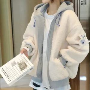 여성 레이어드 양털 뽀글이 후드 집업 점퍼 배색 플리스 후리스 퍼 오버핏 루즈핏 털 자켓