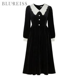 [블루레이스] 배색 플랫 카라 벨벳 원피스_B5W3OP3031