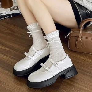 더구두 리본 에나멜 둥근코 스트랩 통굽 메리제인 로퍼(6cm)-1751