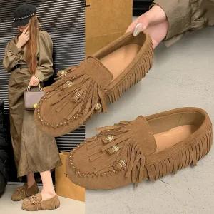 여성 프린지 로퍼 빈티지 스웨이드 태슬 비즈 플랫슈즈