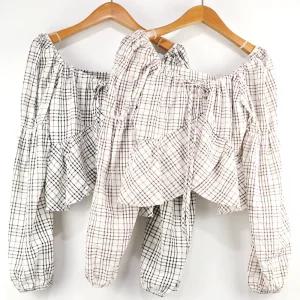 (도매야)비기인 체크 오프숄더 크롭 블라우스/롱티/맨투맨/이너티/크롭티/스판/체크남방/신상