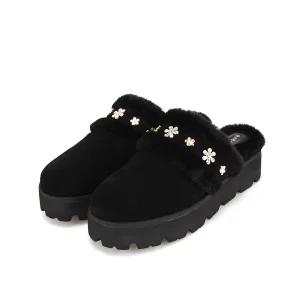 바바라 소가죽 꽃 큐빅 장식 퍼 여성 블로퍼 4cm_BBH547