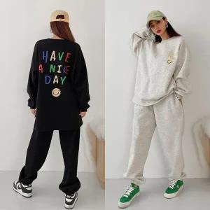 여성 88까지 기모 나염 긴팔 롱 티셔츠 조거팬츠 트레이닝 세트 츄리닝 투피스 셋업 -WPST0256- 겨울