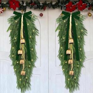 Fovths 90.2cm(35.5인치) 크리스마스 눈물방울 장식, 녹색 나비매듭 및 조명 포함, 인공 노포크 소나무 바늘, 장식 화환 실내 실외 장식용