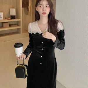 긴팔 레이스 벨벳원피스 브이넥 롱원피스 어깨레 (WFKMNXL)