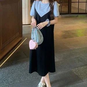 [하프클럽/]여름 뷔스티에 롱원피스 반팔 레이어드 데일리룩