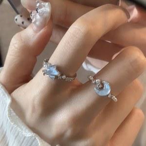 [디자이너몰]여성 우주 블루 문 달 스타 별 오픈 링 반지