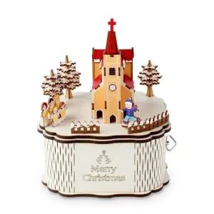 조립 회전 우드 오르골 메리 크리스마스 교회 회전 우드 메리크리스마스 교회 버터프랑