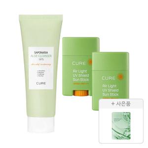 김정문알로에 큐어 에어라이트 UV 쉴드 선스틱 20g, 2개+사포나리아 알로에 클렌져 150g, 1개+증정(리알로에 피토 그린 앰플 마스크 30ml, 1매)