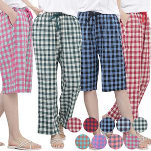 색상 랜덤발송 여성 남녀공용 체크 파자마 5부 7부 9부 여름 잠옷 반바지 밴딩팬츠 커플 린넨 아사원단