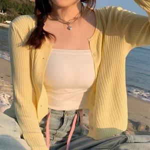 [하프클럽/]슬라이 크롭 핑크 골지가디건 봄 여름 가을 간절기 노란색 블랙