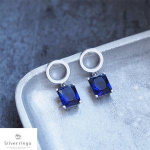 [실버링고]실버925 9월탄생석 사각모양귀걸이 사파이어스퀘어라운드E