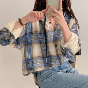 [다잇템] 여자 격자 박스핏 언발 FW 후드남방 양털안감 셔츠