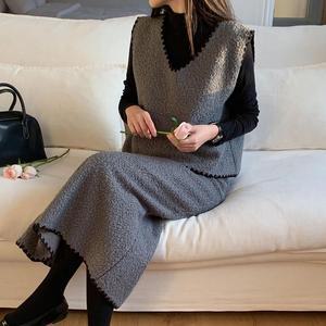 [M7] 여자 H라인 베스트 브이 치마 겨울투피스 세트