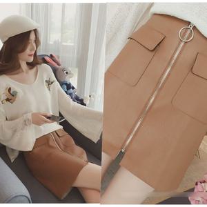 센터 지퍼 가죽 스커트